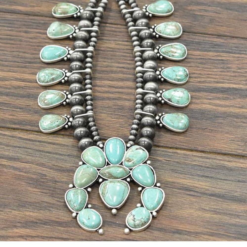 Handmade Full Squash Blossom Turquoise Necklace – 30" Statement Piece